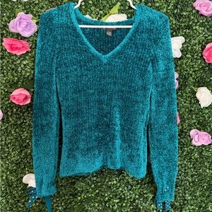 INC International Concepts Teal Fuzzy Knit Top